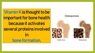 Vitamin K is thought to be
important for bone health
because it activates
several proteins involved
in
bone formation.
 
