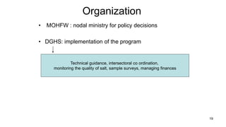 19
Organization
• MOHFW : nodal ministry for policy decisions
• DGHS: implementation of the program
Technical guidance, intersectoral co ordination,
monitoring the quality of salt, sample surveys, managing finances
 