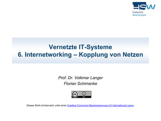 Vernetzte IT-Systeme 
6. Internetworking – Kopplung von Netzen 
Prof. Dr. Volkmar Langer 
Florian Schimanke 
Dieses Werk ist lizenziert unter einer Creative Commons Namensnennung 4.0 International Lizenz. 
 