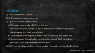 Algorithm:
1) Start in the leftmost column
2) If all queens are placed, return true
3) Try all rows in the current column.
a) If the queen can be placed safely in this row,
then mark this [row, column] as part of the solution and recursively check if
placing queen here leads to a solution.
b) If placing the queen in [row, column] leads to a solution then return true.
c) If placing queen doesn't lead to a solution then unmark this [row, column]
(Backtrack) and go to step (a) to try other rows.
4) If all rows have been tried and nothing worked return false to trigger backtracking.
Prepared By: Prof. Swapnil S. Sonawane
 