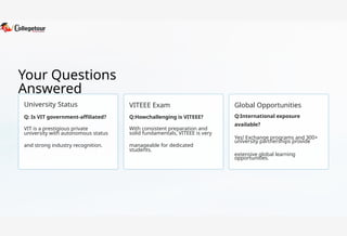 Your Questions
Answered
University Status VITEEE Exam Global Opportunities
Q: Is VIT government-affiliated?
VIT is a prestigious private
university with autonomous status
and strong industry recognition.
Q:Howchallenging is VITEEE?
With consistent preparation and
solid fundamentals, VITEEE is very
manageable for dedicated
students.
Q:International exposure
available?
Yes! Exchange programs and 300+
university partnerships provide
extensive global learning
opportunities.
 