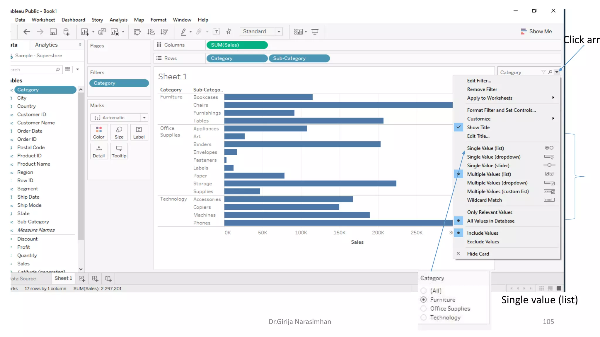 Dr.Girija Narasimhan 105
Single value (list)
Click arro
 