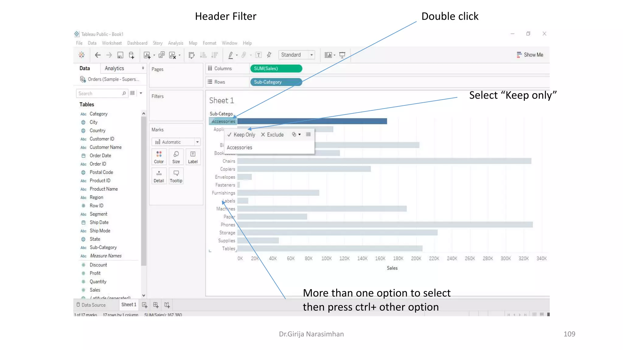 Dr.Girija Narasimhan 109
Double click
More than one option to select
then press ctrl+ other option
Header Filter
Select “Keep only”
 