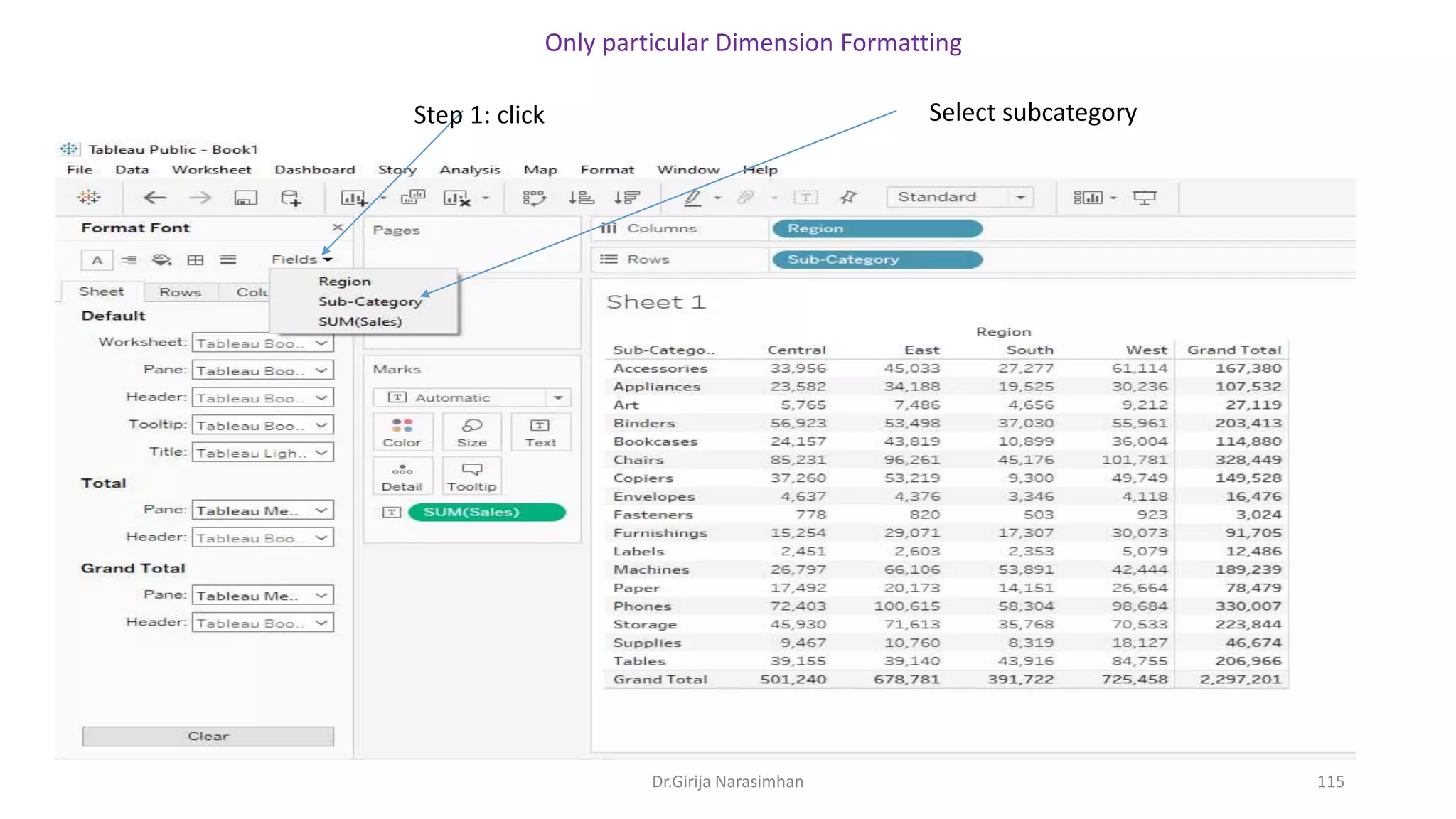 Dr.Girija Narasimhan 115
Only particular Dimension Formatting
Step 1: click Select subcategory
 