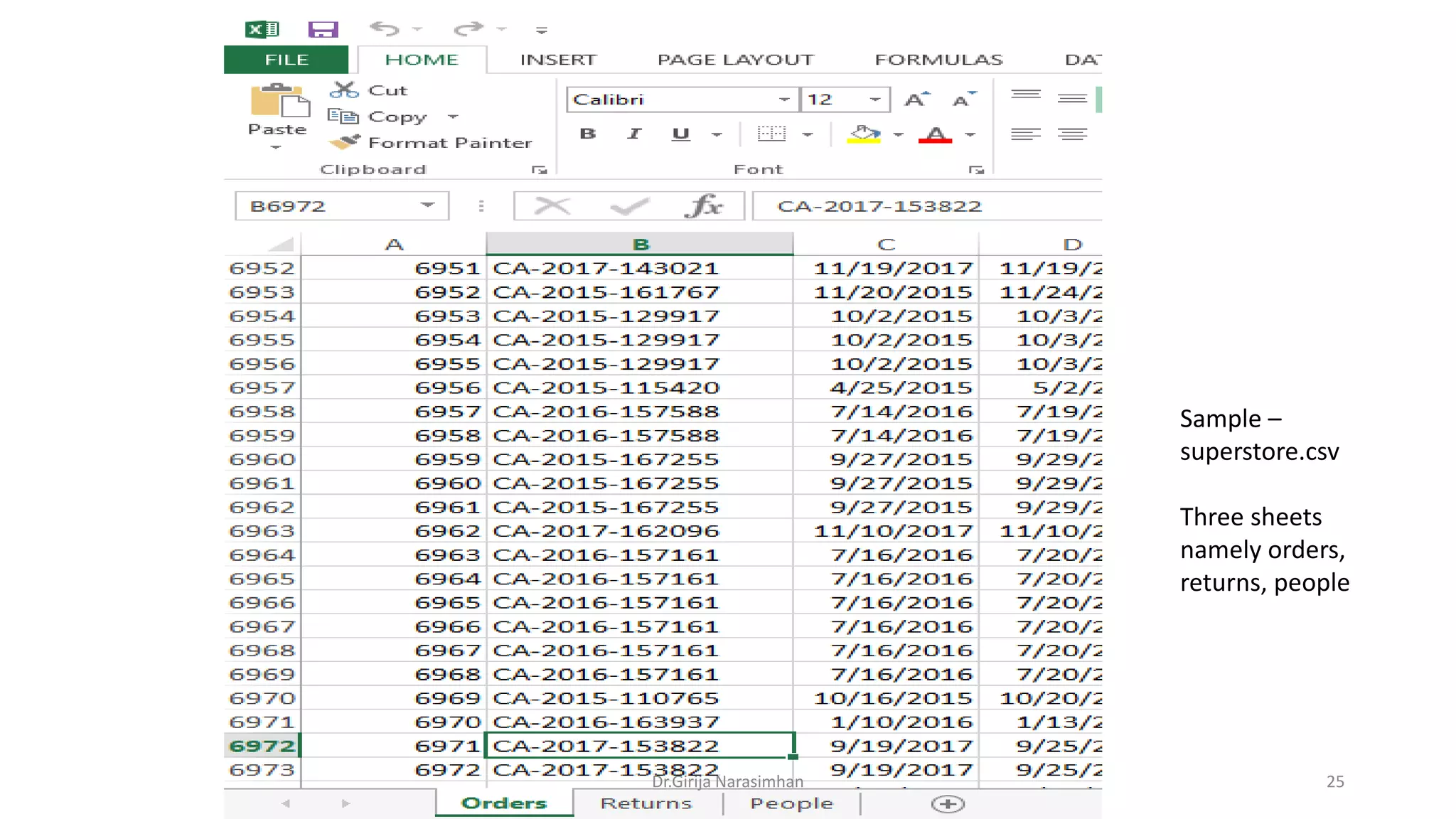 Dr.Girija Narasimhan 25
Sample –
superstore.csv
Three sheets
namely orders,
returns, people
 
