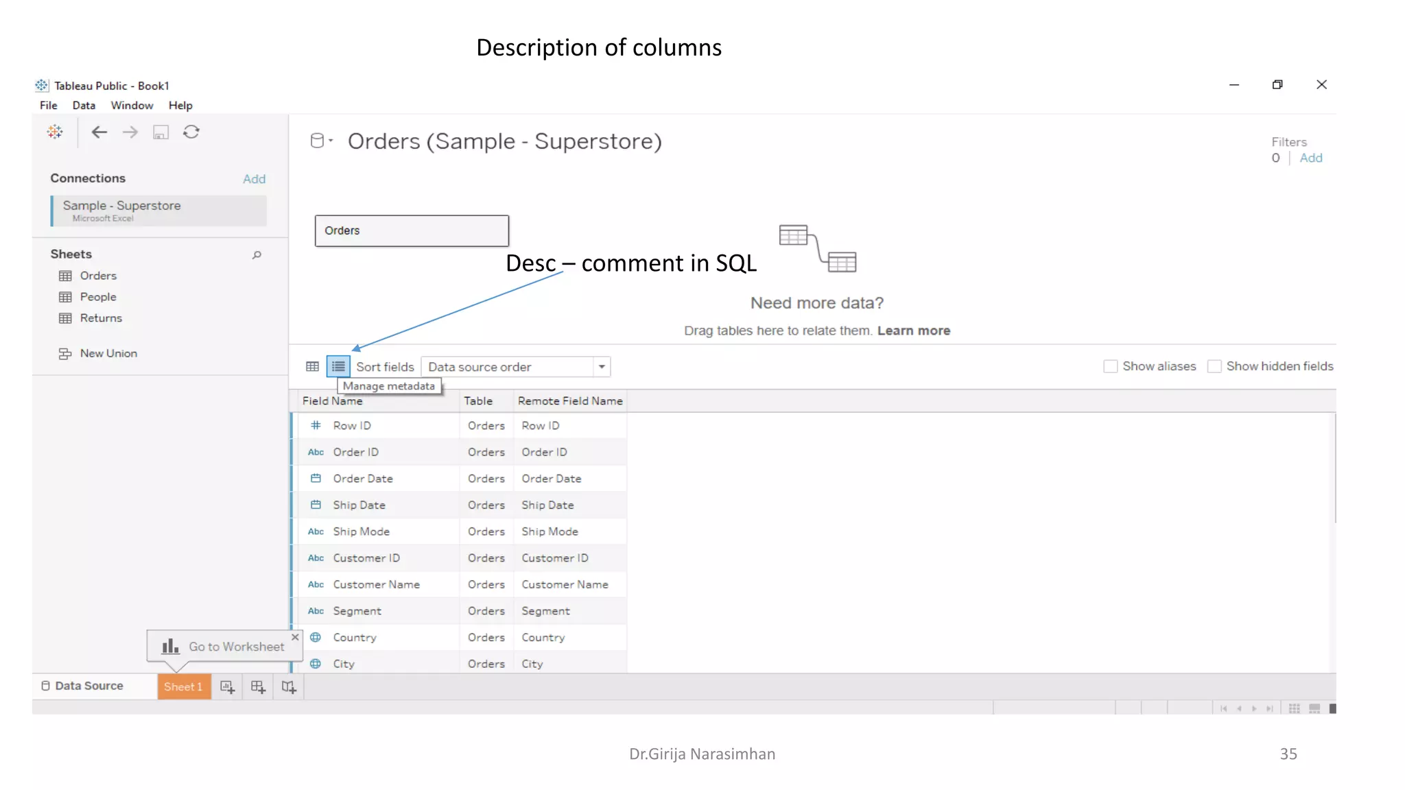 Dr.Girija Narasimhan 35
Desc – comment in SQL
Description of columns
 