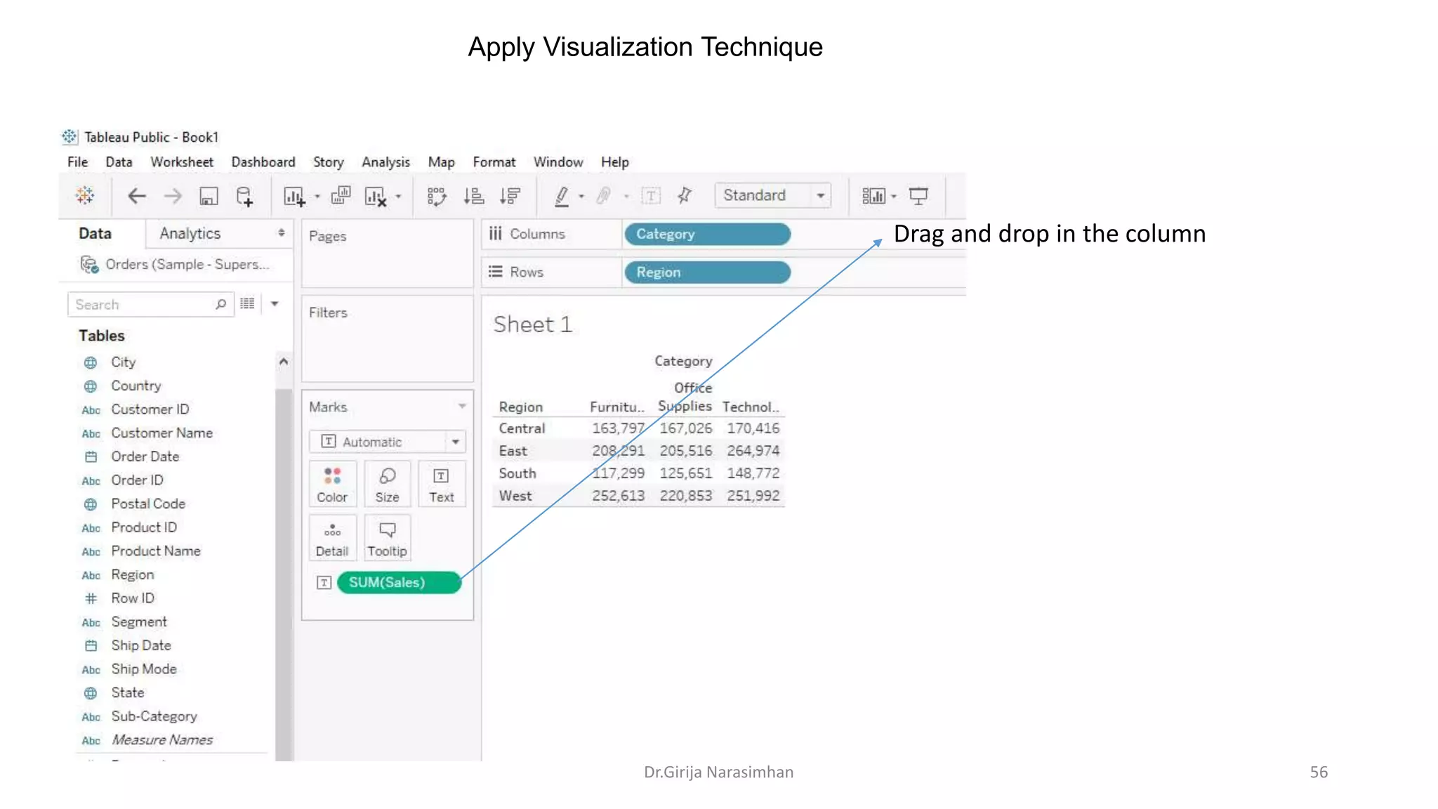 Apply Visualization Technique
Drag and drop in the column
Dr.Girija Narasimhan 56
 