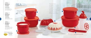 VOCÊ GANHA:
Todos os produtos do 2o
Nível +
2 | 1 Tigela Batedeira 1 Litro
3 | 1 Tigela Batedeira 2 Litros
6 | 1 Mágica 1 Litro
3o
Nível | 801781
Com uma
Experiência de
R$ 985,00
em vendas e
2 marcações
VOCÊ GANHA:
Todos os produtos do 1o
Nível +
5 | 1 Tigela Batedeira 3,2 Litros
2o
Nível | 801780
Com uma
Experiência de
R$ 735,00
em vendas e
2 marcações
VOCÊ GANHA:
1 | 1 Pá Batedeira
2 | Tigela Batedeira 1 Litro
3 | 1 Tigela Batedeira 2 Litros
4 | 1 Quick Shake 500ml
1o
Nível | 801779
Com uma
Experiência de
R$ 540,00
em vendas e
2 marcações
Brinde de agradecimento
*Cores variadas
Cód.: 88539
1 Espremedor
de Frutas*
Serve pedaços iguais
Formato arredondado,
que facilita a mistura
das receitas
Reúna seus
amigos e receba
uma Consultora
Tupperware. Além
de uma experiência
incrível, você pode
ganhar todos
estes produtos.
Tampaslevemente
translúcidas
4 opções decorativas peroladas
BEA
Brinde
Especial
da Anfitriã
Básicos para preparar
1
2
2
3
3
6
4
5
66 67
 