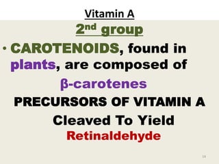 Vitamin A
2nd group
• CAROTENOIDS, found in
plants, are composed of
β-carotenes
PRECURSORS OF VITAMIN A
Cleaved To Yield
Retinaldehyde
14
 