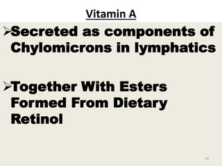 Vitamin A
Secreted as components of
Chylomicrons in lymphatics
Together With Esters
Formed From Dietary
Retinol
24
 