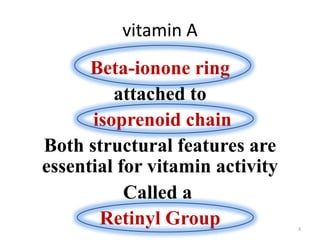 vitamin A
Beta-ionone ring
attached to
isoprenoid chain
Both structural features are
essential for vitamin activity
Called a
Retinyl Group 3
 