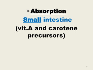• Absorption
Small intestine
(vit.A and carotene
precursors)
35
 