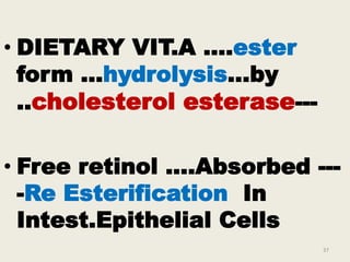 • DIETARY VIT.A ….ester
form …hydrolysis…by
..cholesterol esterase---
• Free retinol ….Absorbed ---
-Re Esterification In
Intest.Epithelial Cells
37
 