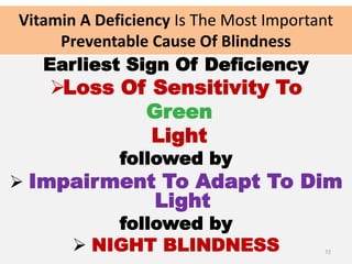 Vitamin A Deficiency Is The Most Important
Preventable Cause Of Blindness
Earliest Sign Of Deficiency
Loss Of Sensitivity To
Green
Light
followed by
 Impairment To Adapt To Dim
Light
followed by
 NIGHT BLINDNESS 72
 