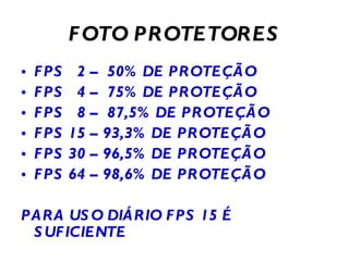 FOTO PROTETORES FPS  2 –  50% DE PROTEÇÃO FPS  4 –  75% DE PROTEÇÃO FPS  8 –  87,5% DE PROTEÇÃO FPS 15 – 93,3% DE PROTEÇÃO FPS 30 – 96,5% DE PROTEÇÃO FPS 64 – 98,6% DE PROTEÇÃO PARA USO DIÁRIO FPS 15 É SUFICIENTE 