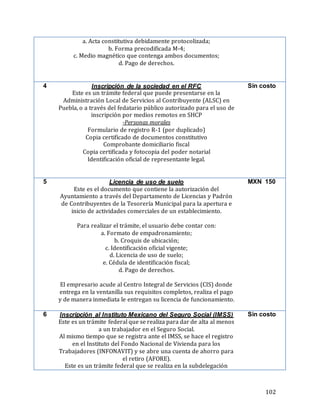 102
a. Acta constitutiva debidamente protocolizada;
b. Forma precodificada M-4;
c. Medio magnético que contenga ambos documentos;
d. Pago de derechos.
4 Inscripción de la sociedad en el RFC
Este es un trámite federal que puede presentarse en la
Administración Local de Servicios al Contribuyente (ALSC) en
Puebla, o a través del fedatario público autorizado para el uso de
inscripción por medios remotos en SHCP
-Personas morales
Formulario de registro R-1 (por duplicado)
Copia certificado de documentos constitutivo
Comprobante domiciliario fiscal
Copia certificada y fotocopia del poder notarial
Identificación oficial de representante legal.
Sin costo
5 Licencia de uso de suelo
Este es el documento que contiene la autorización del
Ayuntamiento a través del Departamento de Licencias y Padrón
de Contribuyentes de la Tesorería Municipal para la apertura e
inicio de actividades comerciales de un establecimiento.
Para realizar el trámite, el usuario debe contar con:
a. Formato de empadronamiento;
b. Croquis de ubicación;
c. Identificación oficial vigente;
d. Licencia de uso de suelo;
e. Cédula de identificación fiscal;
d. Pago de derechos.
El empresario acude al Centro Integral de Servicios (CIS) donde
entrega en la ventanilla sus requisitos completos, realiza el pago
y de manera inmediata le entregan su licencia de funcionamiento.
MXN 150
6 Inscripción al Instituto Mexicano del Seguro Social (IMSS)
Este es un trámite federal que se realiza para dar de alta al menos
a un trabajador en el Seguro Social.
Al mismo tiempo que se registra ante el IMSS, se hace el registro
en el Instituto del Fondo Nacional de Vivienda para los
Trabajadores (INFONAVIT) y se abre una cuenta de ahorro para
el retiro (AFORE).
Este es un trámite federal que se realiza en la subdelegación
Sin costo
 