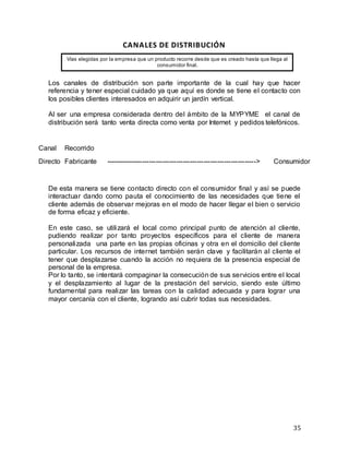 35
CANALES DE DISTRIBUCIÓN
Los canales de distribución son parte importante de la cual hay que hacer
referencia y tener especial cuidado ya que aquí es donde se tiene el contacto con
los posibles clientes interesados en adquirir un jardín vertical.
Al ser una empresa considerada dentro del ámbito de la MYPYME el canal de
distribución será tanto venta directa como venta por Internet y pedidos telefónicos.
Canal Recorrido
Directo Fabricante ------------------------------------------------------------------> Consumidor
De esta manera se tiene contacto directo con el consumidor final y así se puede
interactuar dando como pauta el conocimiento de las necesidades que tiene el
cliente además de observar mejoras en el modo de hacer llegar el bien o servicio
de forma eficaz y eficiente.
En este caso, se utilizará el local como principal punto de atención al cliente,
pudiendo realizar por tanto proyectos específicos para el cliente de manera
personalizada una parte en las propias oficinas y otra en el domicilio del cliente
particular. Los recursos de internet también serán clave y facilitarán al cliente el
tener que desplazarse cuando la acción no requiera de la presencia especial de
personal de la empresa.
Por lo tanto, se intentará compaginar la consecución de sus servicios entre el local
y el desplazamiento al lugar de la prestación del servicio, siendo este último
fundamental para realizar las tareas con la calidad adecuada y para lograr una
mayor cercanía con el cliente, logrando así cubrir todas sus necesidades.
Vías elegidas por la empresa que un producto recorre desde que es creado hasta que llega al
consumidor final.
 