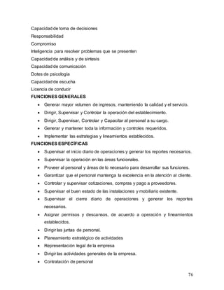 76
Capacidad de toma de decisiones
Responsabilidad
Compromiso
Inteligencia para resolver problemas que se presenten
Capacidad de análisis y de síntesis
Capacidad de comunicación
Dotes de psicología
Capacidad de escucha
Licencia de conducir
FUNCIONES GENERALES
 Generar mayor volumen de ingresos, manteniendo la calidad y el servicio.
 Dirigir, Supervisar y Controlar la operación del establecimiento.
 Dirigir, Supervisar, Controlar y Capacitar al personal a su cargo.
 Generar y mantener toda la información y controles requeridos.
 Implementar las estrategias y lineamientos establecidos.
FUNCIONES ESPECÍFICAS
 Supervisar el inicio diario de operaciones y generar los reportes necesarios.
 Supervisar la operación en las áreas funcionales.
 Proveer al personal y áreas de lo necesario para desarrollar sus funciones.
 Garantizar que el personal mantenga la excelencia en la atención al cliente.
 Controlar y supervisar cotizaciones, compras y pago a proveedores.
 Supervisar el buen estado de las instalaciones y mobiliario existente.
 Supervisar el cierre diario de operaciones y generar los reportes
necesarios.
 Asignar permisos y descansos, de acuerdo a operación y lineamientos
establecidos.
 Dirigir las juntas de personal.
 Planeamiento estratégico de actividades
 Representación legal de la empresa
 Dirigir las actividades generales de la empresa.
 Contratación de personal
 