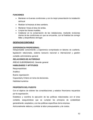 82
FUNCIONES
 Mantener en buenas condiciones y con la mejor presentación la instalación
del local
 Realizar la limpieza al área sanitaria.
 Mantener limpia el área de ventas.
 Limpiar los bienes muebles.
 Colaborar en la conservación de las instalaciones, mediante revisiones
diarias de las condiciones en que se encuentra, con la finalidad de corregir
fallas y desperfectos del lugar.
DESPACHO CONTABLE
EXPERIENCIA PROFESIONAL:
Indispensable conocimiento y experiencia comprobada en labores de auditoría,
legislación relacionada, sistema bancario nacional e internacional y gestión
contable administrativa general.
RELACIONES DE AUTORIDAD
ÁREAS SUBORDINADAS: Gerente general
HABILIDADES Y APTITUDES
Responsabilidad.
Analítico
Buena organización
Capacidad y Criterio en toma de decisiones.
Habilidad numérica
PROPÓSITO DEL PUESTO
Con el objetivo de obtener las consolidaciones y estados financieros requeridos
por la organización.
Establece y coordina la ejecución de las políticas relacionadas con el área
contable, asegurándose que se cumplan los principios de contabilidad
generalmente aceptados y con las políticas específicas de la empresa.
Adicionalmente elabora y controla la labor presupuestaria y de costos.
 