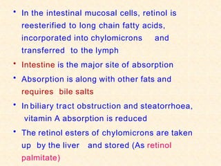 • In the intestinal mucosal cells, retinol is
reesterified to long chain fatty acids,
incorporated into chylomicrons and
transferred to the lymph
• Intestine is the major site of absorption
• Absorption is along with other fats and
requires bile salts
• In biliary tract obstruction and steatorrhoea,
vitamin A absorption is reduced
• The retinol esters of chylomicrons are taken
up by the liver and stored (As retinol
palmitate)
 