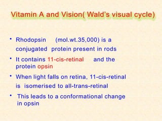 Vitamin A and Vision( Wald’s visual cycle)
• Rhodopsin (mol.wt.35,000) is a
conjugated protein present in rods
• It contains 11-cis-retinal and the
protein opsin
• When light falls on retina, 11-cis-retinal
is isomerised to all-trans-retinal
• This leads to a conformational change
in opsin
 