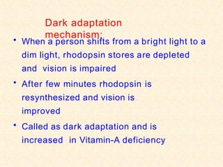 Dark adaptation
mechanism:
• When a person shifts from a bright light to a
dim light, rhodopsin stores are depleted
and vision is impaired
• After few minutes rhodopsin is
resynthesized and vision is
improved
• Called as dark adaptation and is
increased in Vitamin-A deficiency
 