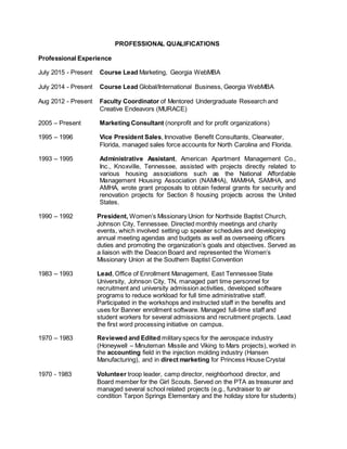 PROFESSIONAL QUALIFICATIONS
Professional Experience
July 2015 - Present Course Lead Marketing, Georgia WebMBA
July 2014 - Present Course Lead Global/International Business, Georgia WebMBA
Aug 2012 - Present Faculty Coordinator of Mentored Undergraduate Research and
Creative Endeavors (MURACE)
2005 – Present Marketing Consultant (nonprofit and for profit organizations)
1995 – 1996 Vice President Sales, Innovative Benefit Consultants, Clearwater,
Florida, managed sales force accounts for North Carolina and Florida.
1993 – 1995 Administrative Assistant, American Apartment Management Co.,
Inc., Knoxville, Tennessee, assisted with projects directly related to
various housing associations such as the National Affordable
Management Housing Association (NAMHA), MAMHA, SAMHA, and
AMHA, wrote grant proposals to obtain federal grants for security and
renovation projects for Section 8 housing projects across the United
States.
1990 – 1992 President, Women’s Missionary Union for Northside Baptist Church,
Johnson City, Tennessee. Directed monthly meetings and charity
events, which involved setting up speaker schedules and developing
annual meeting agendas and budgets as well as overseeing officers
duties and promoting the organization’s goals and objectives. Served as
a liaison with the Deacon Board and represented the Women’s
Missionary Union at the Southern Baptist Convention
1983 – 1993 Lead, Office of Enrollment Management, East Tennessee State
University, Johnson City, TN, managed part time personnel for
recruitment and university admission activities, developed software
programs to reduce workload for full time administrative staff.
Participated in the workshops and instructed staff in the benefits and
uses for Banner enrollment software. Managed full-time staff and
student workers for several admissions and recruitment projects. Lead
the first word processing initiative on campus.
1970 – 1983 Reviewed and Edited military specs for the aerospace industry
(Honeywell – Minuteman Missile and Viking to Mars projects), worked in
the accounting field in the injection molding industry (Hansen
Manufacturing), and in direct marketing for Princess House Crystal
1970 - 1983 Volunteer troop leader, camp director, neighborhood director, and
Board member for the Girl Scouts. Served on the PTA as treasurer and
managed several school related projects (e.g., fundraiser to air
condition Tarpon Springs Elementary and the holiday store for students)
 