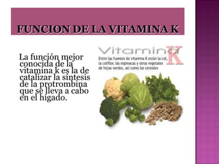La función mejor
conocida de la
vitamina k es la de
catalizar la síntesis
de la protrombina
que se lleva a cabo
en el hígado.

 