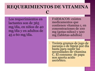 

Los requerimientos en
lactantes son de 365
mg/día, en niños de 40
mg/día y en adultos de
45 a 60 mg/día.



FARMACOS: existen
medicamentos que
contienen vitamina c, en
concentraciones de 100
mg (gotas-niños) y 500
mg (tabletas-adultos)



Treinta gramos de jugo de
naranja o de limón por día
basta para suplir las
necesidades de vitamina
C. El consumo de papa
nos aporta acido
ascórbico.

 