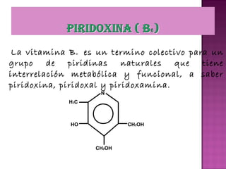 La vitamina B es un termino colectivo para un
grupo
de
piridinas
naturales
que
tiene
interrelación metabólica y funcional, a saber
piridoxina, piridoxal y piridoxamina.
6

N

H3C

HO

CH2OH

CH2OH

 