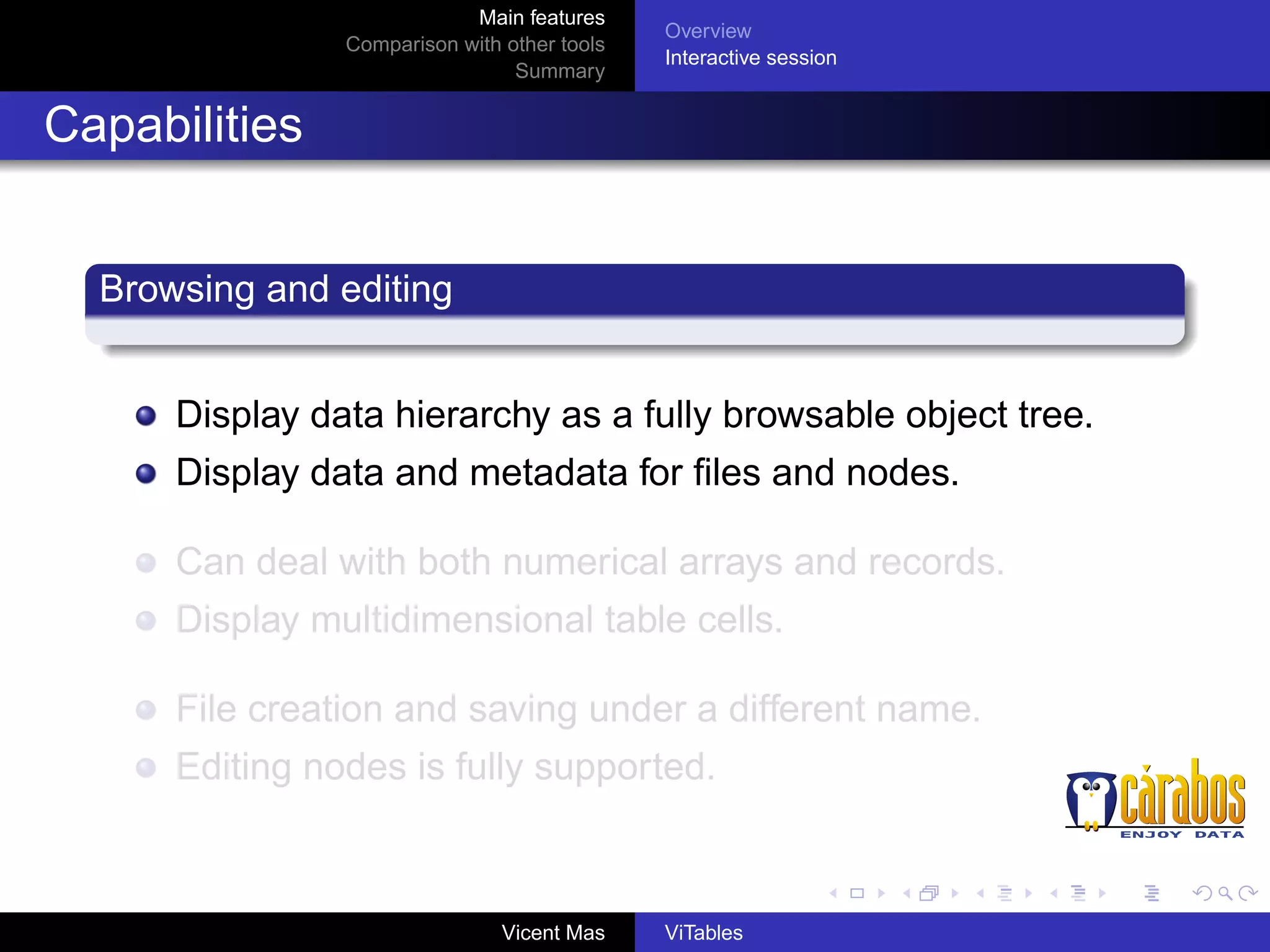 Main features
Comparison with other tools
Summary

Overview
Interactive session

Capabilities
Browsing and editing
Display data hierarchy as a fully browsable object tree.
Display data and metadata for ﬁles and nodes.
Can deal with both numerical arrays and records.
Display multidimensional table cells.
File creation and saving under a different name.
Editing nodes is fully supported.

Vicent Mas

ViTables

 