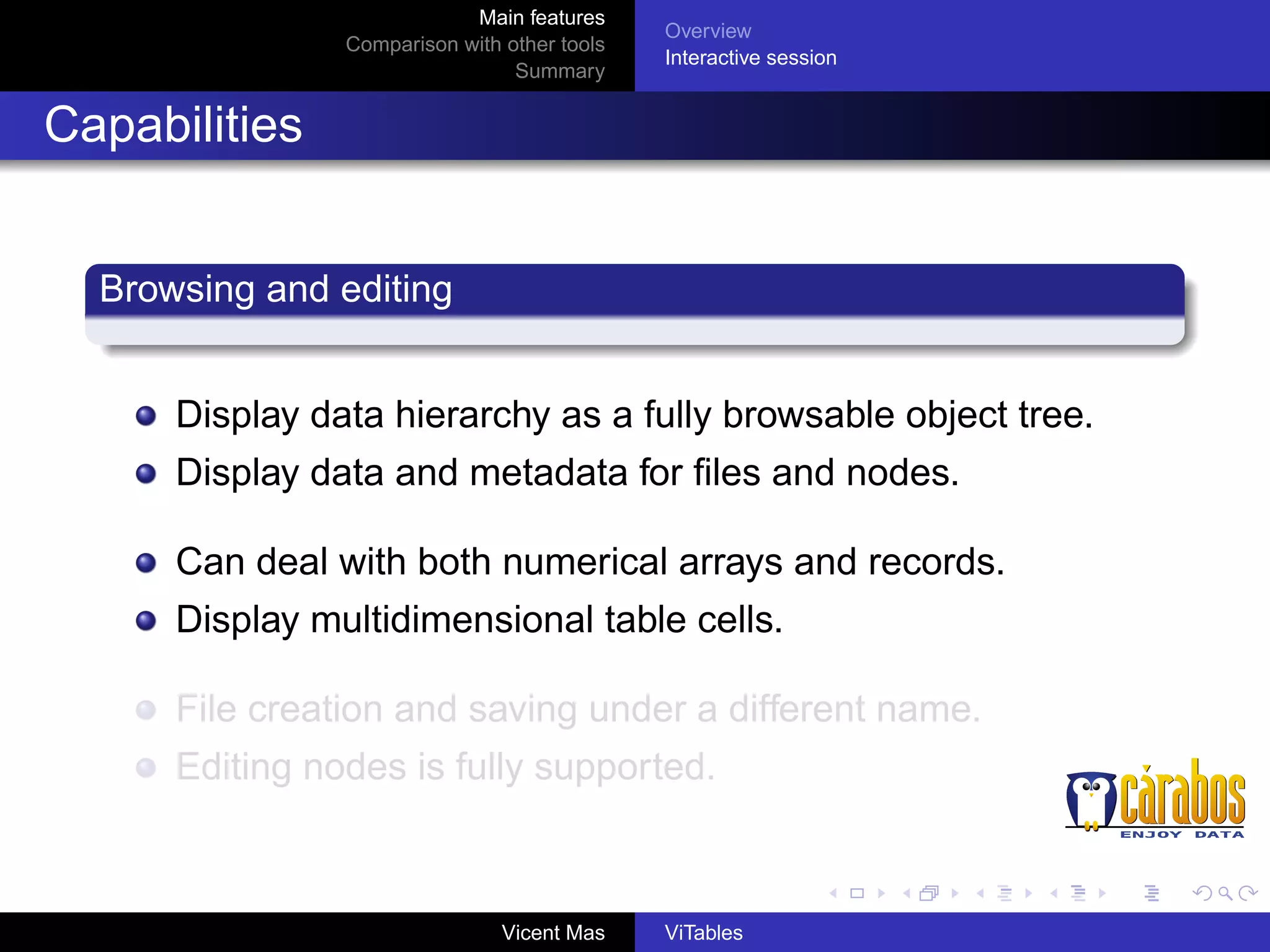 Main features
Comparison with other tools
Summary

Overview
Interactive session

Capabilities
Browsing and editing
Display data hierarchy as a fully browsable object tree.
Display data and metadata for ﬁles and nodes.
Can deal with both numerical arrays and records.
Display multidimensional table cells.
File creation and saving under a different name.
Editing nodes is fully supported.

Vicent Mas

ViTables

 