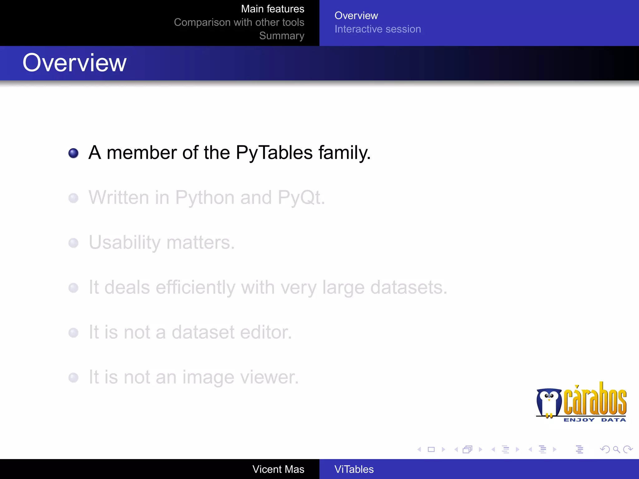 Main features
Comparison with other tools
Summary

Overview
Interactive session

Overview

A member of the PyTables family.
Written in Python and PyQt.
Usability matters.
It deals efﬁciently with very large datasets.
It is not a dataset editor.
It is not an image viewer.

Vicent Mas

ViTables

 