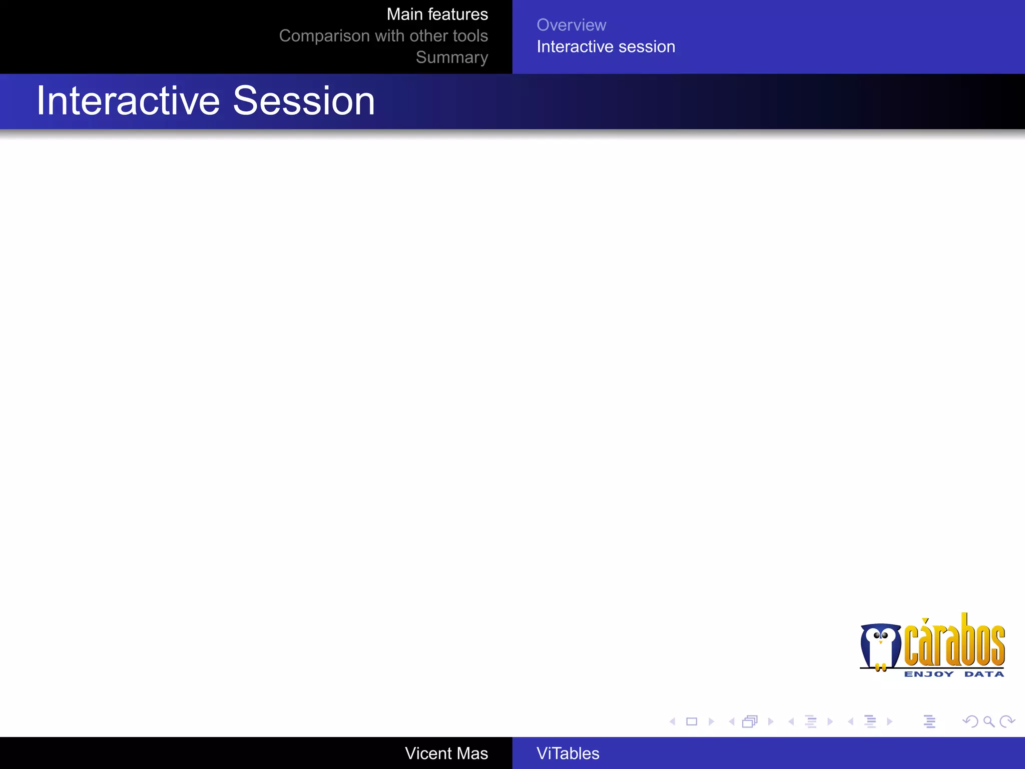 Main features
Comparison with other tools
Summary

Overview
Interactive session

Interactive Session

Vicent Mas

ViTables

 