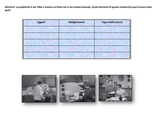 Attività 6 La pubblicità è del 1964 e mostra un’Italia che si sta modernizzando. Quali elementi di questa modernità puoi trovare nello
spot?
Oggetti Abbigliamento Figura della donna
 