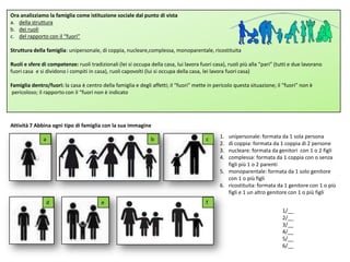 Ora analizziamo la famiglia come istituzione sociale dal punto di vista
a. della struttura
b. dei ruoli
c. del rapporto con il “fuori”
Struttura della famiglia: unipersonale, di coppia, nucleare,complessa, monoparentale, ricostituita
Ruoli e sfere di competenze: ruoli tradizionali (lei si occupa della casa, lui lavora fuori casa), ruoli più alla “pari” (tutti e due lavorano
fuori casa e si dividono i compiti in casa), ruoli capovolti (lui si occupa della casa, lei lavora fuori casa)
Famiglia dentro/fuori: la casa è centro della famiglia e degli affetti; il “fuori” mette in pericolo questa situazione; il “fuori” non è
pericoloso; il rapporto con il “fuori non è indicato
Attività 7 Abbina ogni tipo di famiglia con la sua immagine
a
f
1. unipersonale: formata da 1 sola persona
2. di coppia: formata da 1 coppia di 2 persone
3. nucleare: formata da genitori con 1 o 2 figli
4. complessa: formata da 1 coppia con o senza
figli più 1 o 2 parenti
5. monoparentale: formata da 1 solo genitore
con 1 o più figli
6. ricostituita: formata da 1 genitore con 1 o più
figli e 1 un altro genitore con 1 o più figli
1/__
2/__
3/__
4/__
5/__
6/__
b c
d e
 