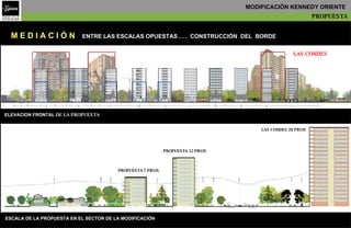 ESCALA   DE LA PROPUESTA EN EL SECTOR DE LA MODIFICACIÓN M E D I A C I Ó N   ENTRE LAS ESCALAS OPUESTAS . . .  CONSTRUCCIÓN  DEL  BORDE LAS CONDES PROPUESTA 12 PISOS PROPUESTA 7 PISOS LAS CONDES 20 PISOS ELEVACION FRONTAL  DE LA PROPUESTA PROPUESTA MODIFICACIÓN KENNEDY ORIENTE   