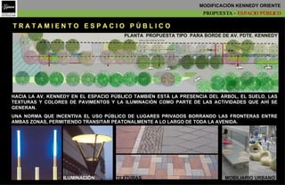 CALETERA AVENIDA PDTE. KENNEDY 7 m PLANTA  PROPUESTA TIPO  PARA BORDE DE AV. PDTE. KENNEDY T R A T A M I E N T O  E S P A C I O  P Ú B L I C O   HACIA LA AV. KENNEDY EN EL ESPACIO PÚBLICO TAMBIÉN ESTÁ LA PRESENCIA DEL ÁRBOL, EL SUELO, LAS TEXTURAS Y COLORES DE PAVIMENTOS Y LA ILUMINACIÓN COMO PARTE DE LAS ACTIVIDADES QUE AHÍ SE GENERAN.  UNA NORMA QUE INCENTIVA EL USO PÚBLICO DE LUGARES PRIVADOS BORRANDO LAS FRONTERAS ENTRE AMBAS ZONAS, PERMITIENDO TRANSITAR PEATONALMENTE A LO LARGO DE TODA LA AVENIDA. ILUMINACIÓN AVENIDA  PDTE.  KENNEDY CALETERA  AVENIDA  PDTE.  KENNEDY 11.4 m LINEA DE EDIFICACIÓN LINEA OFICIAL PROPUESTA –  ESPACIO PÚBLICO   MODIFICACIÓN KENNEDY ORIENTE   MOBILIARIO URBANO TEXTURAS 