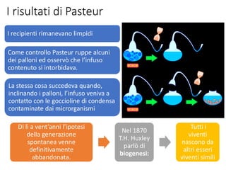 I risultati di Pasteur
I recipienti rimanevano limpidi
Come controllo Pasteur ruppe alcuni
dei palloni ed osservò che l’infuso
contenuto si intorbidava.
La stessa cosa succedeva quando,
inclinando i palloni, l’infuso veniva a
contatto con le goccioline di condensa
contaminate dai microrganismi
Di lì a vent’anni l’ipotesi
della generazione
spontanea venne
definitivamente
abbandonata.
Nel 1870
T.H. Huxley
parlò di
biogenesi:
Tutti i
viventi
nascono da
altri esseri
viventi simili
 
