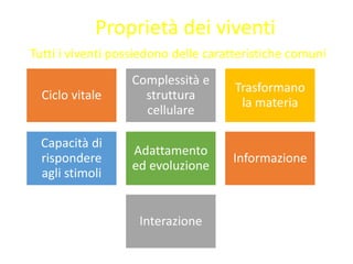 Proprietà dei viventi
Ciclo vitale
Complessità e
struttura
cellulare
Trasformano
la materia
Capacità di
rispondere
agli stimoli
Adattamento
ed evoluzione
Informazione
Interazione
Tutti i viventi possiedono delle caratteristiche comuni
 