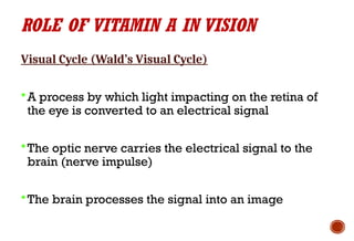 ROLE OF VITAMIN A IN VISION
Visual Cycle (Wald’s Visual Cycle)
A process by which light impacting on the retina of
the eye is converted to an electrical signal
The optic nerve carries the electrical signal to the
brain (nerve impulse)
The brain processes the signal into an image
 