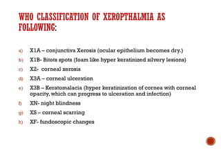 WHO CLASSIFICATION OF XEROPTHALMIA AS
FOLLOWING:
a) X1A – conjunctiva Xerosis (ocular epithelium becomes dry.)
b) X1B- Bitots spots (foam like hyper keratinized silvery lesions)
c) X2- corneal xerosis
d) X3A – corneal ulceration
e) X3B – Keratomalacia (hyper keratinization of cornea with corneal
opacity, which can progress to ulceration and infection)
f) XN- night blindness
g) XS – corneal scarring
h) XF- fundoscopic changes
 