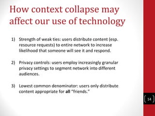 How context collapse may
affect our use of technology
1) Strength of weak ties: users distribute content (esp.
   resource...