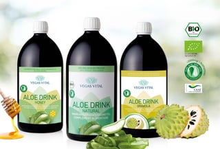 ES-ECO-023-MA
Agriculture UE
>2000mg/ l
Acemannan
AUSSCHLIESSLICH IN EUROPA ANGEBAUT UND WEITERVERARBEITET
SEHR HOHER ALOE VERA ANTEIL MIT ÜBER 2000 mg/l
ACEMANNAN
KEINE FARB- UND KONSERVIERUNGSSTOFFE, SOWIE ALOINFREI
AUS ZERTIFIZIERTEM BIOLOGISCHEM ANBAU MIT BIOSIEGEL
ALOE DRINK
ALOE VERA DRINKS AUS DER WERTVOLLEN ALOE
BARBADENSIS MILLER
Die drei Vegas Vital Aloe Drinks werden aus rein biologisch in Spanien
angebauten Aloe Pflanzen der Sorte Aloe Barbadensis Miller gewonnen
und in einem patentierten Herstellungsverfahren ebenfalls in Spanien
produziert. Das zuständige Landwirtschaftsministerium garantiert sogar auf
unserem Aloe Drink Natural mit einem Qualitätssiegel die Herkunft und die
Überwachung des biologischen Anbaus.
Anders als herkömmliche Aloe Säfte auf Pulverbasis ist unser Produkt zu
100% frisch gepresst. Bedingt durch den biologischen, zertifizierten Anbau,
die schonende Ernte, sowie die schnelle Weiterverarbeitung innerhalb
24 Stunden, enthalten unsere Aloe Drinks zudem einen sehr hohen
Acemannananteil. Auch garantieren wir Ihnen, dass alle aloinfrei sind.
Durch das patentierte Herstellungsverfahren bleiben zudem wichtige Vitamine
wie A, B und C, Mineralien wie Germanium, Kalzium, Jod, Kupfer, Zink, Eisen,
Magnesium, Natrium, Kalium und Mangan, aber auch Aminosäuren wie Valin,
Methionin, Phenylalanin, Lysin und Leucin, die ebenfalls in der Aloe pflanze
enthalten sind, erhalten.
Neben unserem reinen Aloe Drink Natural, der aus 99,98% Aloe Barbadensis
Miller besteht, haben wir einen Aloe Drink Honey mit 5% Blütenhonig. Das
Ganze wird mit unserem Aloe Drink Graviola zusätzlich gekrönt, denn der
Name Graviola (Annona muricata) steht für einen ganz besonderen Baum und
dessen Frucht. Dieser hat unter anderem seinen Ursprung in Südamerika.
Von den Ureinwohnern wird Graviola seit Jahrhunderten als Nahrungsmittel,
aber auch für seine zum Teil der Aloe Vera ähnlichen und darüber hinaus
weiteren sensationellen Eigenschaften, geschätzt.
Diverse wissenschaftliche Erkenntnisse auf der ganzen Welt haben die
wohltuende Wirkung von Graviola bestätigt, sodass sich eine Vielzahl
von Literatur darüber finden lässt. Wir haben diese Erkenntnisse in der
Entwicklung unseres Aloe Vera Drink Graviola genutzt und können somit auch
hier wieder unser Können zeigen.
EMPFOHLENE VERZEHRMENGE: 3mal 30ml TÄGLICH
*NRV = Prozent der empfohlenen täglichen Verzehrmenge laut Verordnung (EU) Nr. 1169/2011
ALOE DRINK HONEY
94,9% Aloe Barbadensis Miller,
5% Blütenhonig
Best-Nr.: 5002 | 1l | 29,90E
3,96 mg
2,97 mg
22,5 µg
%NRV*
198
21
15
Mangan
Eisen
Jod
WIRKSTOFFE TAGESDOSIS
Aloe Drink Honey | 6er Pack
Kaufe 6 zahle nur 5 !
Best-Nr.: 5003 | 6 x 1l | 149,50E
ALOE DRINK GRAVIOLA
74,9% Aloe Barbadensis Miller,
25% Graviola (Annona muricata)
Best.-Nr.: 5020 | 1l | 32,50E
3,97 mg
2,36 mg
126,13 mg
22,5 mg
%NRV*
149
17
158
-
Mangan
Eisen
Vitamin C
Graviola
WIRKSTOFFE TAGESDOSIS
Aloe Drink Graviola | 6er Pack
Kaufe 6 zahle nur 5 !
Best.-Nr.: 5021 | 6x 1l | 162,50E
ALOE DRINK NATURAL
99,98% Aloe Barbadensis Miller,
100% biologisch
Best-Nr.: 5000 | 1l | 34,50E
3,96 mg
2,97 mg
162 mg
%NRV*
198
21
202,5
Mangan
Eisen
Vitamin C
WIRKSTOFFE TAGESDOSIS
Aloe Drink Natural | 6er Pack
Kaufe 6 zahle nur 5 !
Best-Nr.:5001 | 6 x 1l | 172,50E
 