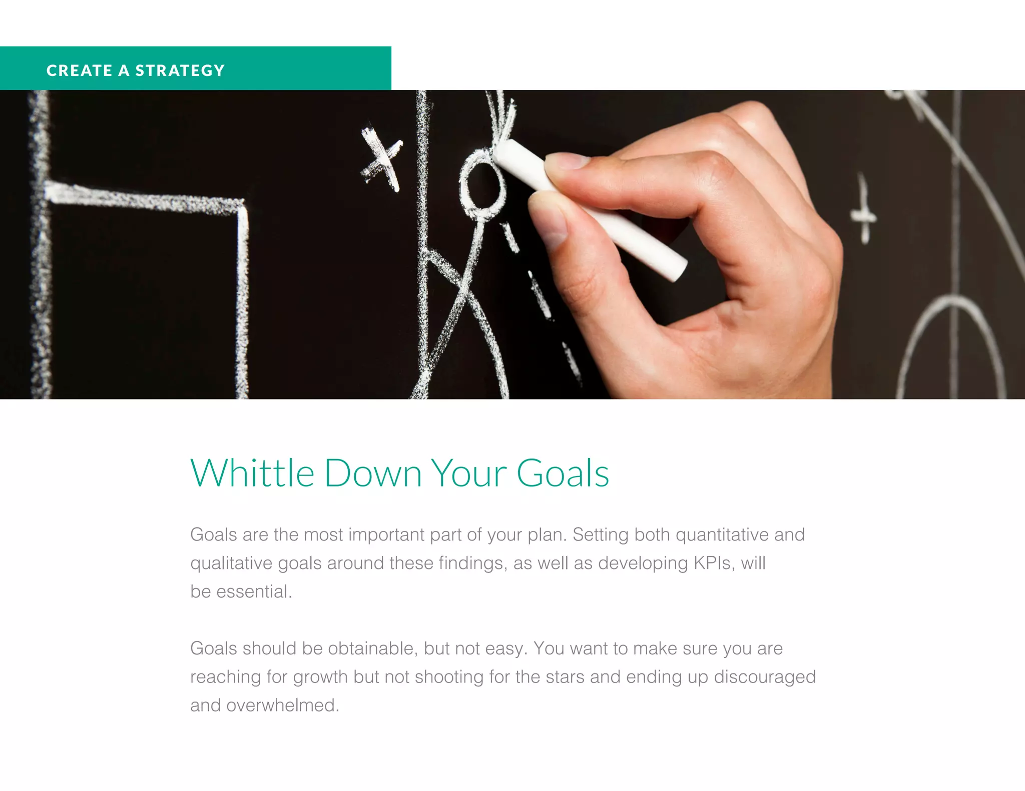 CREATE A STRATEGY
Whittle Down Your Goals
Goals are the most important part of your plan. Setting both quantitative and
qualitative goals around these findings, as well as developing KPIs, will
be essential.
Goals should be obtainable, but not easy. You want to make sure you are
reaching for growth but not shooting for the stars and ending up discouraged
and overwhelmed.
 