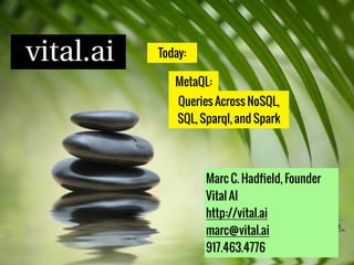 Today:
Marc C. Hadﬁeld, Founder 
Vital AI 
http://vital.ai
marc@vital.ai
917.463.4776
MetaQL:
Queries Across NoSQL,
SQL, Sparql, and Spark
 