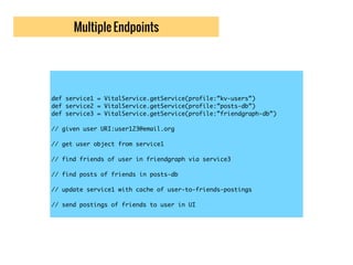 Multiple Endpoints
def service1 = VitalService.getService(profile:”kv-users”)
def service2 = VitalService.getService(profi...