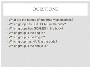 QUESTIONS
• What are the names of the three vital functions?
• Which gruop has FEATHERS in the body?
• Which groups has SCALES in the body?
• Which group is the dog in?
• Which group is the frog in?
• Which group has HAIR in the body?
• Which group is the snake is?
 