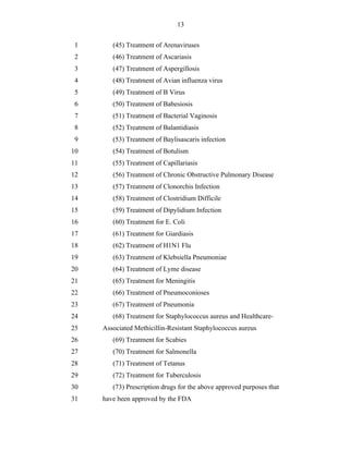 13


 1      (45) Treatment of Arenaviruses
 2      (46) Treatment of Ascariasis
 3      (47) Treatment of Aspergillosis
 4      (48) Treatment of Avian influenza virus
 5      (49) Treatment of B Virus
 6      (50) Treatment of Babesiosis
 7      (51) Treatment of Bacterial Vaginosis
 8      (52) Treatment of Balantidiasis
 9      (53) Treatment of Baylisascaris infection
10      (54) Treatment of Botulism
11      (55) Treatment of Capillariasis
12      (56) Treatment of Chronic Obstructive Pulmonary Disease
13      (57) Treatment of Clonorchis Infection
14      (58) Treatment of Clostridium Difficile
15      (59) Treatment of Dipylidium Infection
16      (60) Treatment for E. Coli
17      (61) Treatment for Giardiasis
18      (62) Treatment of H1N1 Flu
19      (63) Treatment of Klebsiella Pneumoniae
20      (64) Treatment of Lyme disease
21      (65) Treatment for Meningitis
22      (66) Treatment of Pneumoconioses
23      (67) Treatment of Pneumonia
24      (68) Treatment for Staphylococcus aureus and Healthcare-
25   Associated Methicillin-Resistant Staphylococcus aureus
26      (69) Treatment for Scabies
27      (70) Treatment for Salmonella
28      (71) Treatment of Tetanus
29      (72) Treatment for Tuberculosis
30      (73) Prescription drugs for the above approved purposes that
31   have been approved by the FDA
 