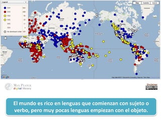 El mundo es rico en lenguas que comienzan con sujeto o
verbo, pero muy pocas lenguas empiezan con el objeto.
 